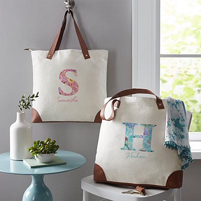 Blooming Initial + Name Personalized Canvas Tote Bag