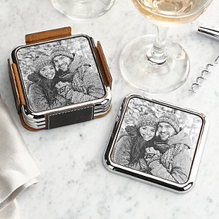 All Over Photo Engraved Leatherette Coasters and Holder Set