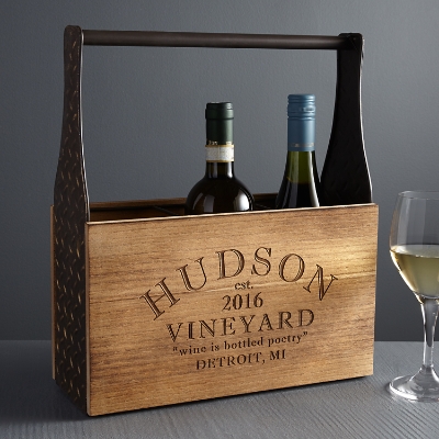 Contemporary Vineyard Personalized Wooden Wine Carrier