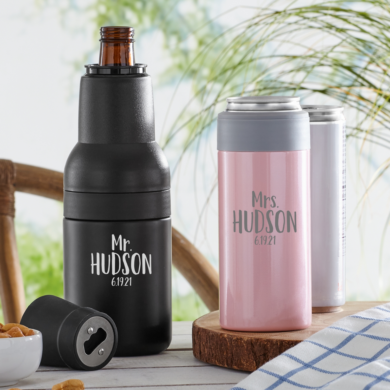 Newlywed Personalized Stainless Steel Koozie Set at Gifts.com